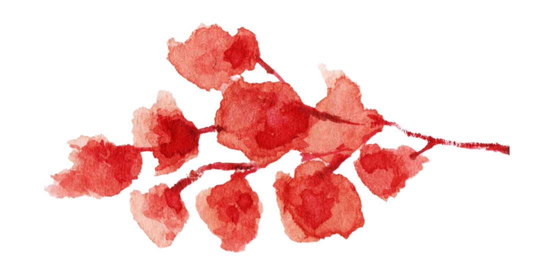 Watercolor illustration of a single autumn leaf in warm red, orange, and yellow tones on a plain white background.